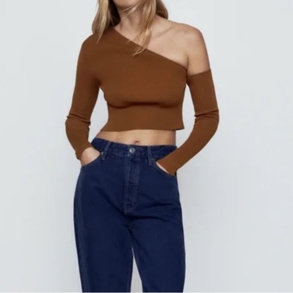 Zara Brown One-Shoulder Crop Top